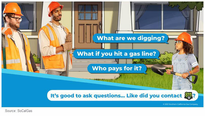 SoCalGas safety ad with a photo of a child talking to adults who are digging. She's reminding them to call before they dig.