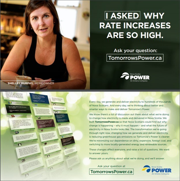 Postcard that features an NS Power customer and their question on why rates are so high. In the explanation, NS Power focuses its messaging on the importance of moving from coal to renewable energy.