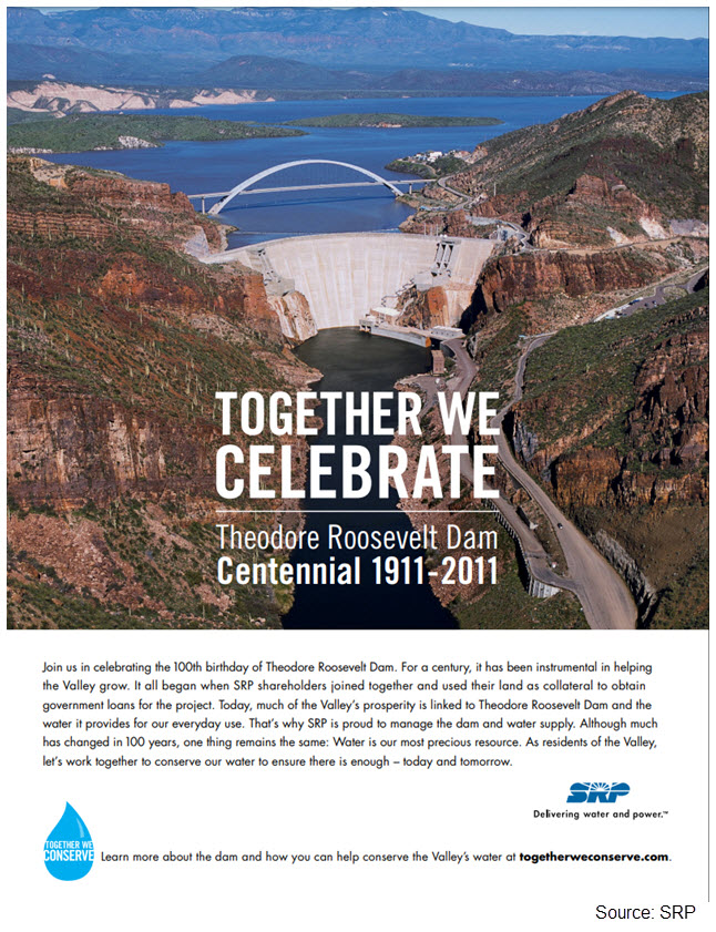 Screenshot of an ad with an image of the Theodore Roosevelt Dam. The caption reads Together We Celebrate
