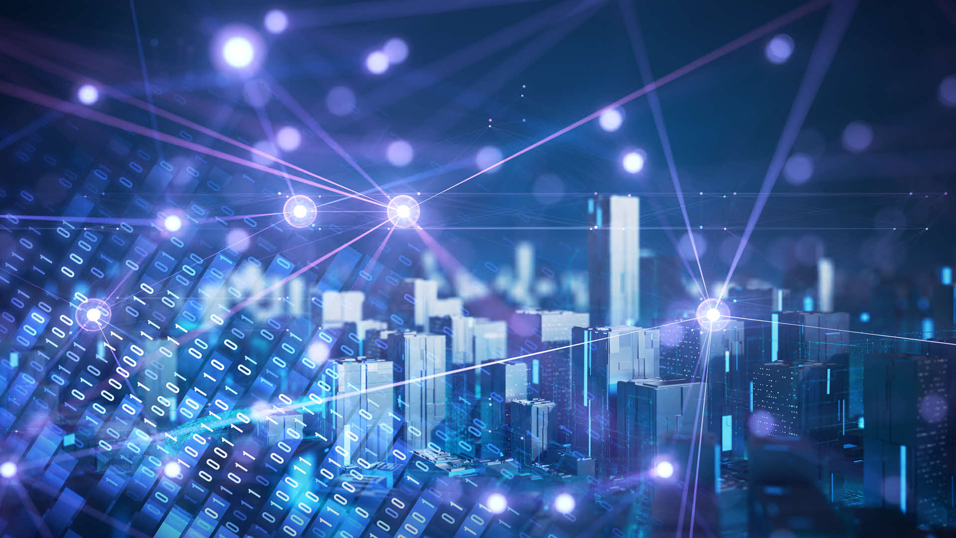 City skyline with glowing binary code and connected digital nodes