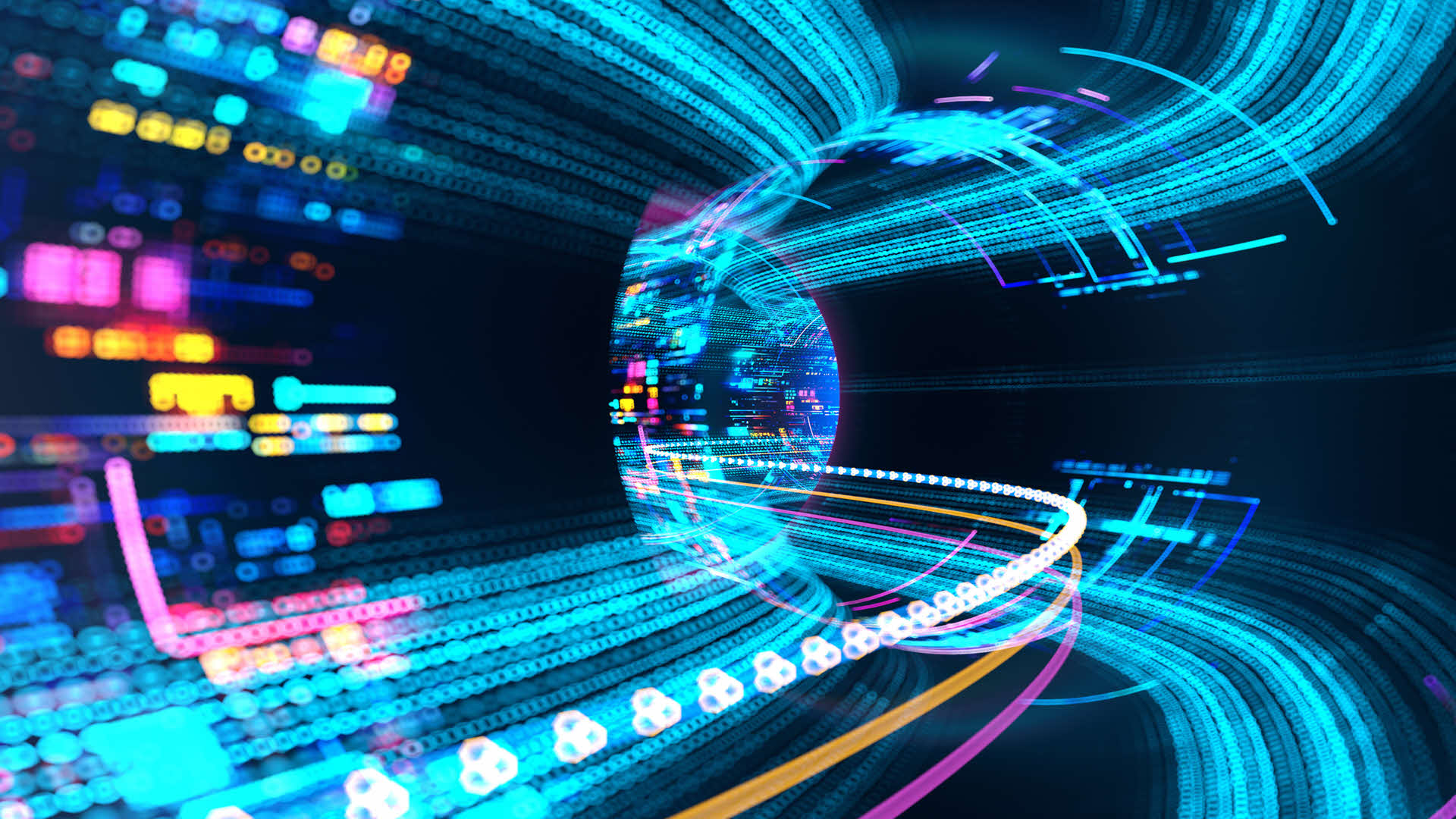 Abstract digital tunnel with glowing blue and multicolor data streams.