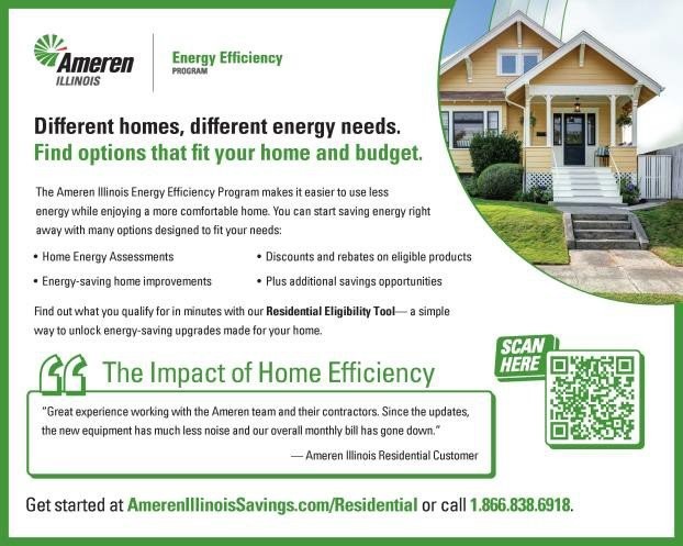 Ameren Illinois campaign material showing a picture of a house from the front lawn. Energy-saving options are listed in the center and a scanable QR code is located in the right corner.