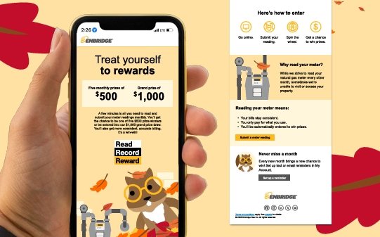An example of the mobile version of Enbridge's campaign material featuring Merle the Squirrel and a fall seasonal theme.