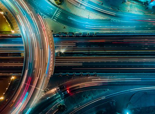 Aerial view of busy highway at night