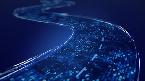 Curved digital pathway with glowing blue binary code on a dark background.