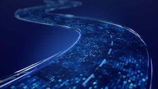 Curved digital pathway with glowing blue binary code on a dark background.